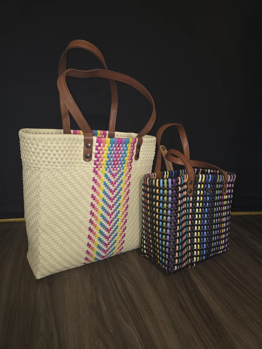 Woven Cream Tote Bag with Colorful Center Weave
